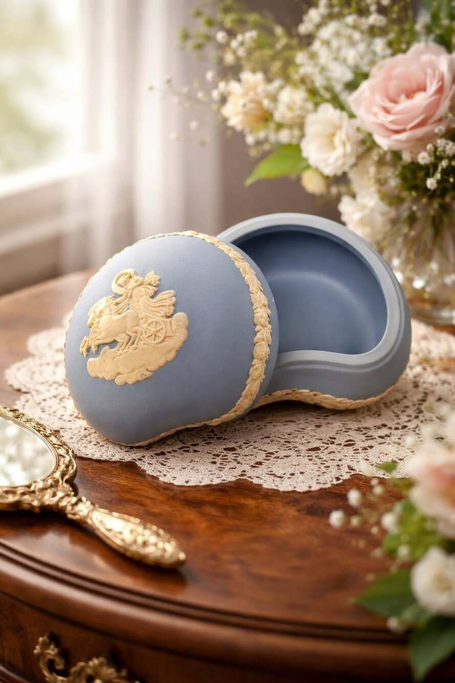 Wedgwood Blue Jasperware Heart Trinket Box Aurora Chariot Relief